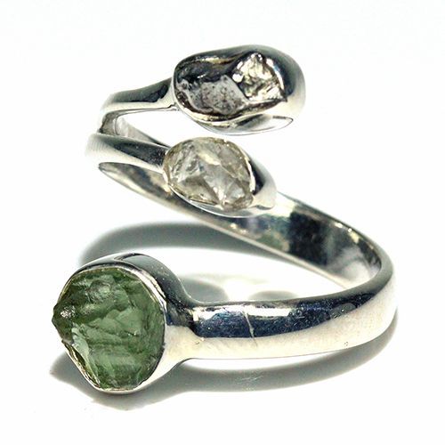 〔R 469-15〕天然モルダバイト 鉄隕石 ハーキマーダイヤモンド sv 925 リング 指輪 サイズフリー meteorite