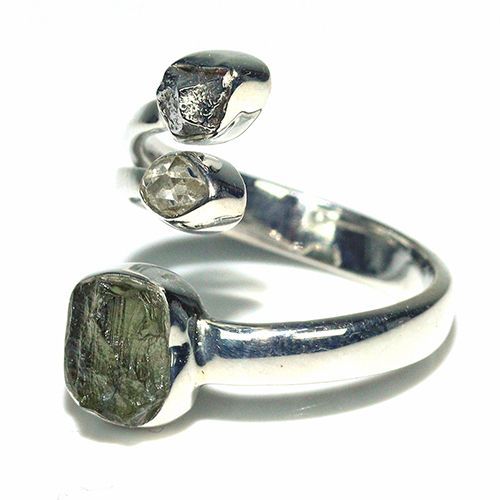 〔R 469-18〕天然モルダバイト 鉄隕石 ハーキマーダイヤモンド sv 925 リング 指輪 サイズフリー meteorite