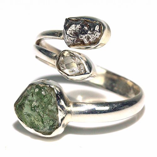 〔R 469-12〕天然モルダバイト 鉄隕石 ハーキマーダイヤモンド sv 925 リング 指輪 サイズフリー meteorite