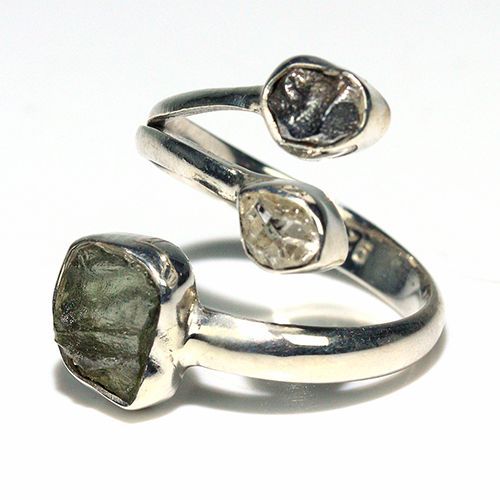 〔R 469-3〕天然モルダバイト 鉄隕石 ハーキマーダイヤモンド sv 925 リング 指輪 サイズフリー meteorite