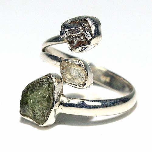 〔R 469-4〕天然モルダバイト 鉄隕石 ハーキマーダイヤモンド sv 925 リング 指輪 サイズフリー meteorite