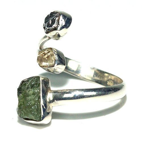 興奮した 〔R469-10〕天然モルダバイト 鉄隕石 ハーキマーダイヤモンド sv925 リング 指輪 サイズフリー meteorite 100％品質保証。