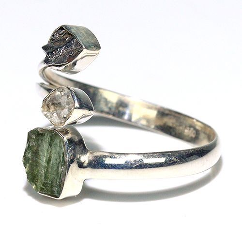 〔R 469-21〕天然モルダバイト 鉄隕石 ハーキマーダイヤモンド sv 925 リング 指輪 サイズフリー meteorite