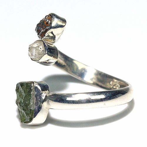 〔R 469-24〕天然モルダバイト 鉄隕石 ハーキマーダイヤモンド sv 925 リング 指輪 サイズフリー meteorite