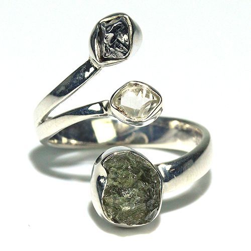 〔R469-19〕天然モルダバイト 鉄隕石 ハーキマーダイヤモンド sv925 リング 指輪 サイズフリー meteorite