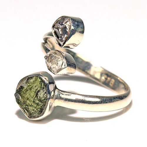 〔R 469-8〕天然モルダバイト 鉄隕石 ハーキマーダイヤモンド sv 925 リング 指輪 サイズフリー meteorite