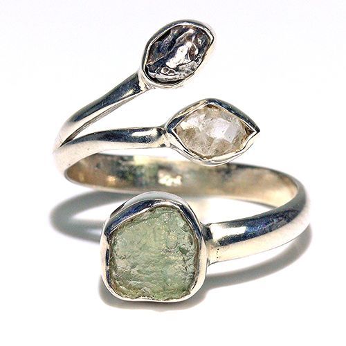 〔R469-25〕天然モルダバイト 鉄隕石 ハーキマーダイヤモンド sv925 リング 指輪 サイズフリー meteorite