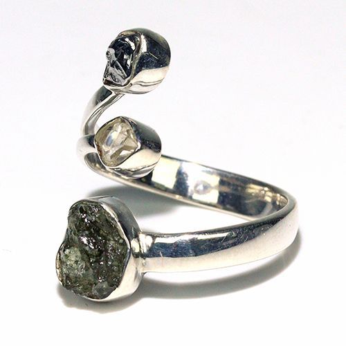 〔R 469-19〕天然モルダバイト 鉄隕石 ハーキマーダイヤモンド sv 925 リング 指輪 サイズフリー meteorite