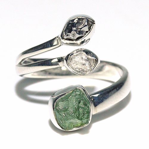 〔R469-20〕天然モルダバイト 鉄隕石 ハーキマーダイヤモンド sv925 リング 指輪 サイズフリー meteorite