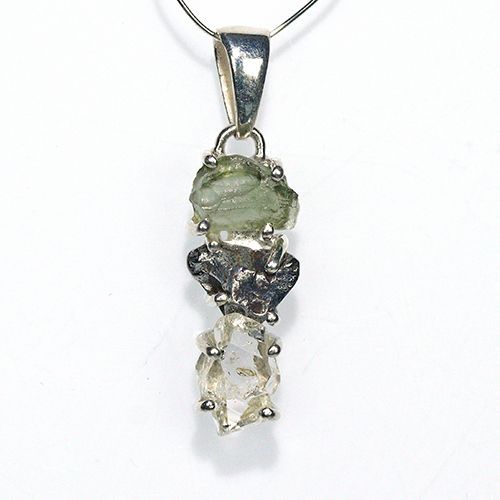 〔J367-23〕天然モルダバイト 鉄隕石 ハーキマーダイヤモンド sv925 ペンダントトップ meteorite