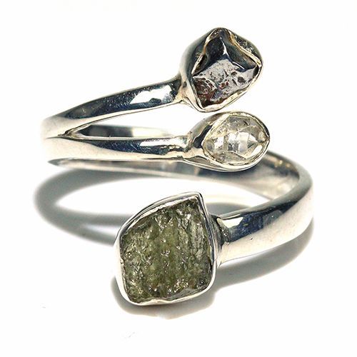 〔R 469-1〕天然モルダバイト 鉄隕石 ハーキマーダイヤモンド sv 925 リング 指輪 サイズフリー meteorite