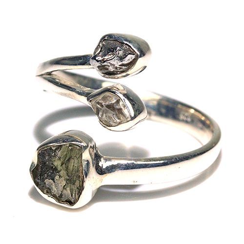 〔R 469-6〕天然モルダバイト 鉄隕石 ハーキマーダイヤモンド sv 925 リング 指輪 サイズフリー meteorite