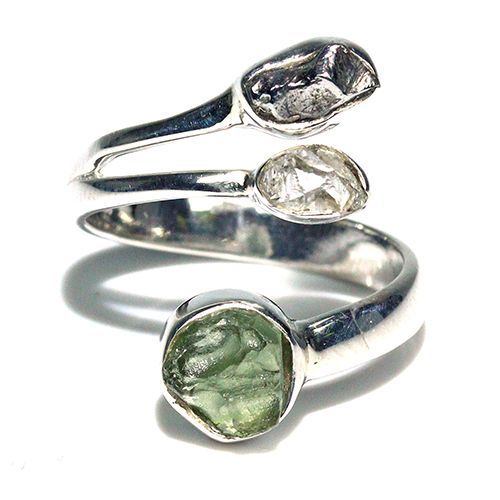 〔R469-15〕天然モルダバイト 鉄隕石 ハーキマーダイヤモンド sv925 リング 指輪 サイズフリー meteorite