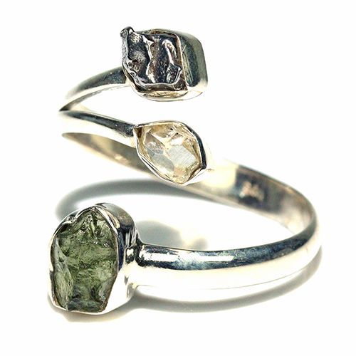 〔R 469-9〕天然モルダバイト 鉄隕石 ハーキマーダイヤモンド sv 925 リング 指輪 サイズフリー meteorite