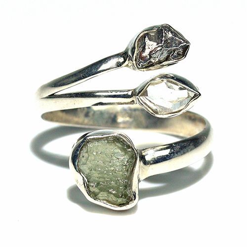 【最短翌日配送】 〔R469-7〕天然モルダバイト 鉄隕石 ハーキマーダイヤモンド sv925 リング 指輪 サイズフリー meteorite