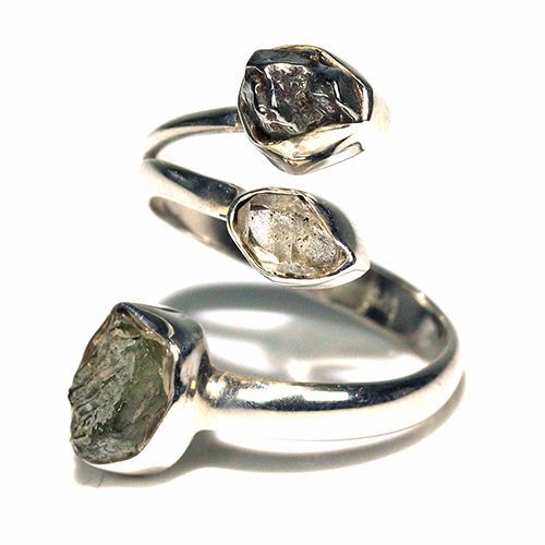 〔R 469-17〕天然モルダバイト 鉄隕石 ハーキマーダイヤモンド sv 925 リング 指輪 サイズフリー meteorite