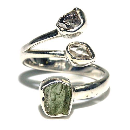 〔R469-26〕天然モルダバイト 鉄隕石 ハーキマーダイヤモンド sv925 リング 指輪 サイズフリー meteorite