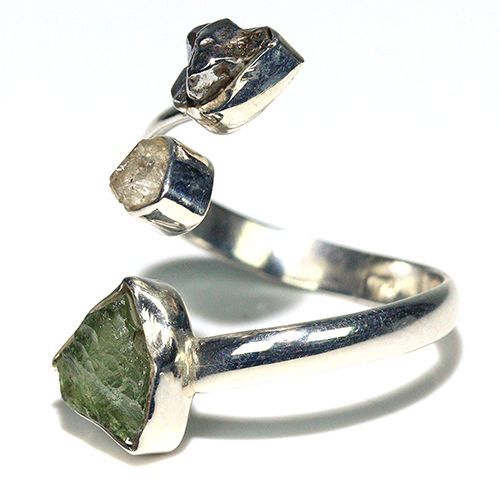 〔R 469-23〕天然モルダバイト 鉄隕石 ハーキマーダイヤモンド sv 925 リング 指輪 サイズフリー meteorite