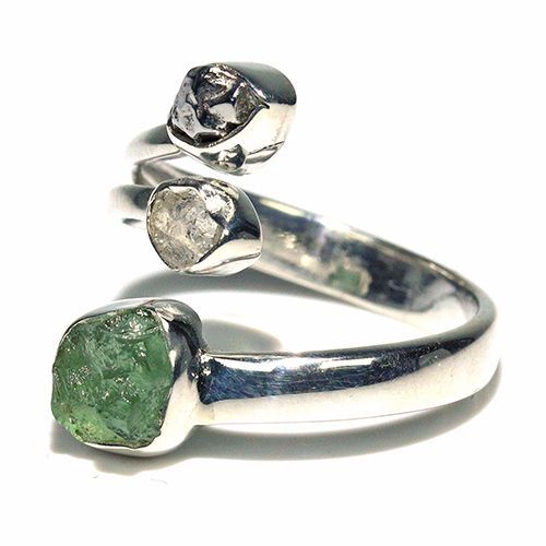 〔R 469-20〕天然モルダバイト 鉄隕石 ハーキマーダイヤモンド sv 925 リング 指輪 サイズフリー meteorite