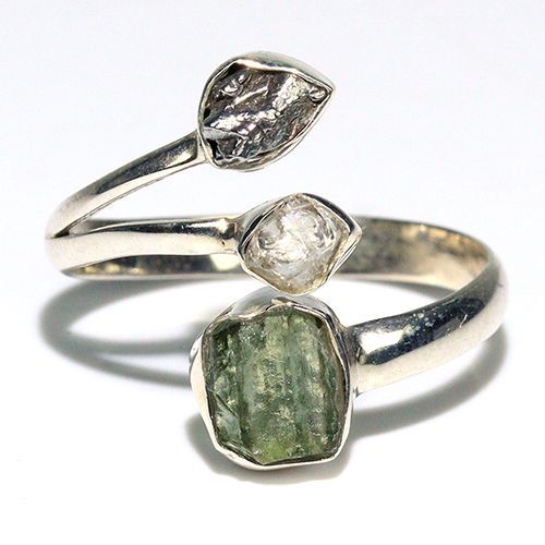 〔R 469 21〕天然モルダバイト 鉄隕石 ハーキマーダイヤモンド sv 925 リング 指輪 サイズフリー meteorite