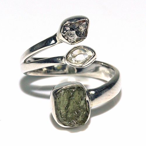 〔R469-18〕天然モルダバイト 鉄隕石 ハーキマーダイヤモンド sv925 リング 指輪 サイズフリー meteorite