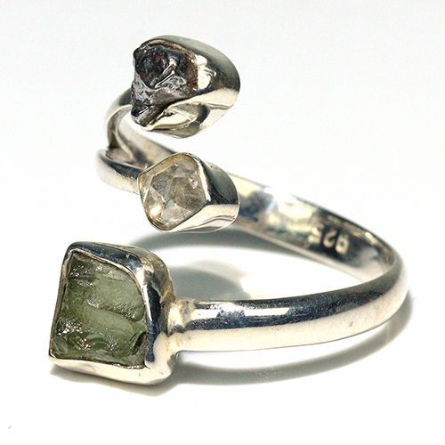 〔R 469-16〕天然モルダバイト 鉄隕石 ハーキマーダイヤモンド sv 925 リング 指輪 サイズフリー meteorite