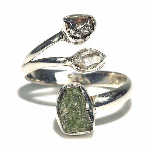 〔R469-22〕天然モルダバイト 鉄隕石 ハーキマーダイヤモンド sv925 リング 指輪 サイズフリー meteorite