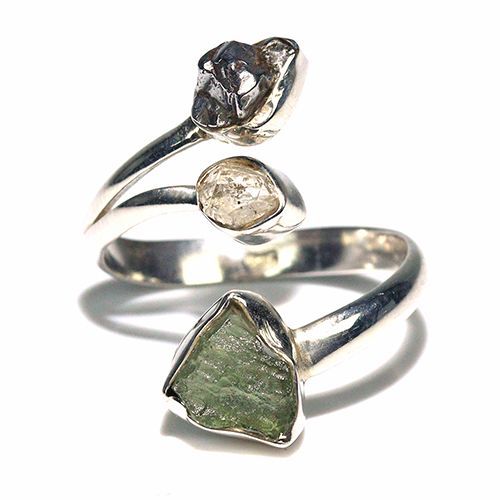 〔R469-23〕天然モルダバイト 鉄隕石 ハーキマーダイヤモンド sv925 リング 指輪 サイズフリー meteorite