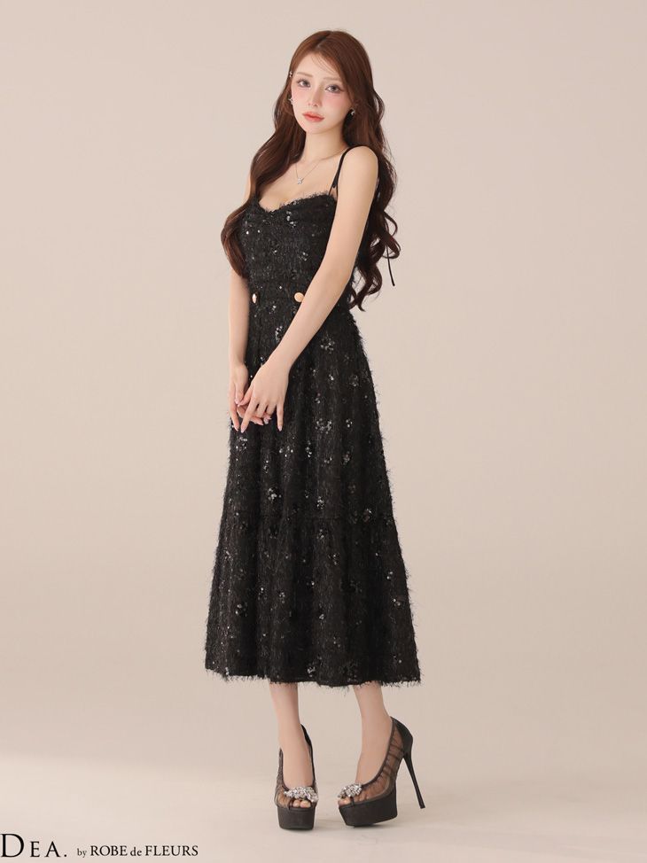 ブラック DE3485-PBE-2510 DEA. by ROBE de FLEURS ディアバイローブドフルール スパンコール チュール フ ワンピース ミモレ丈 ミディアムドレス キャバドレス Brille3791 ブリエ