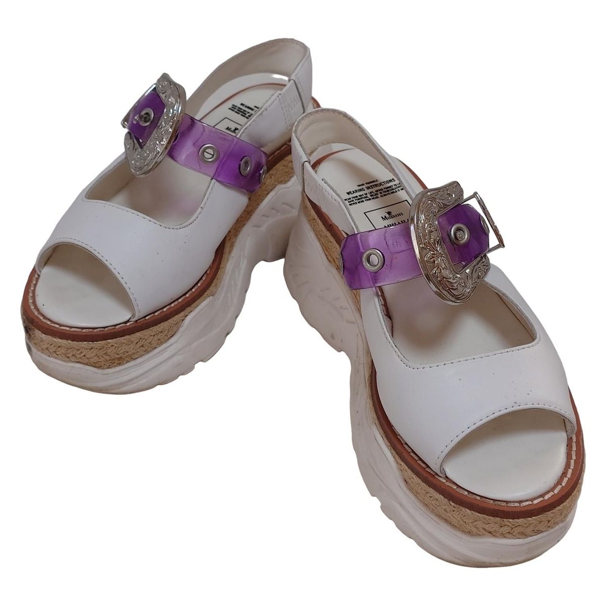Maison MIHARA メゾンミハラヤスヒロ サンダル 37 レディース - 白×パープル×シルバー オープントゥ ウェッジソール レザー
