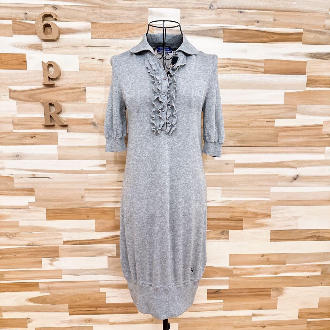  バーバリーブルーレーベル カシミヤ×コットン ニット ワンピース フリルM相当 半袖 ひざ丈ワンピース