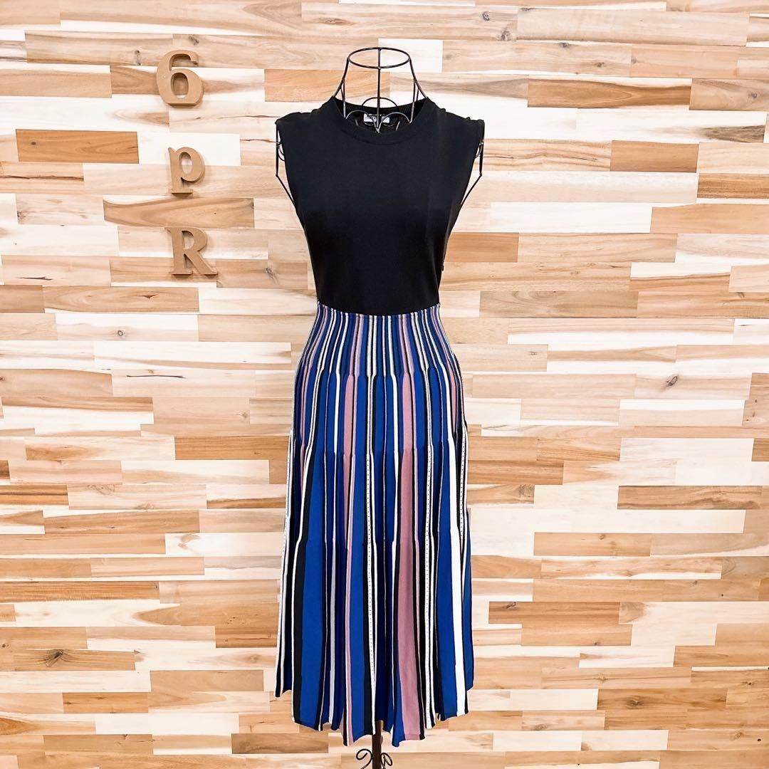  フレイアイディー プリーツ ドッキング ロング ニット ワンピース 黒×青 ノースリーブ ニットワンピース