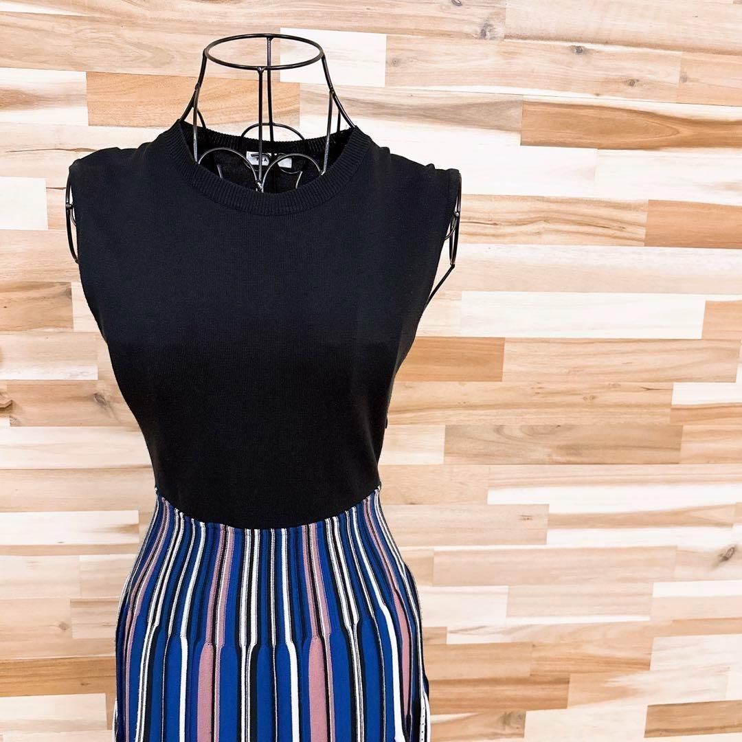 フレイアイディー プリーツ ドッキング ロング ニット ワンピース 黒×青