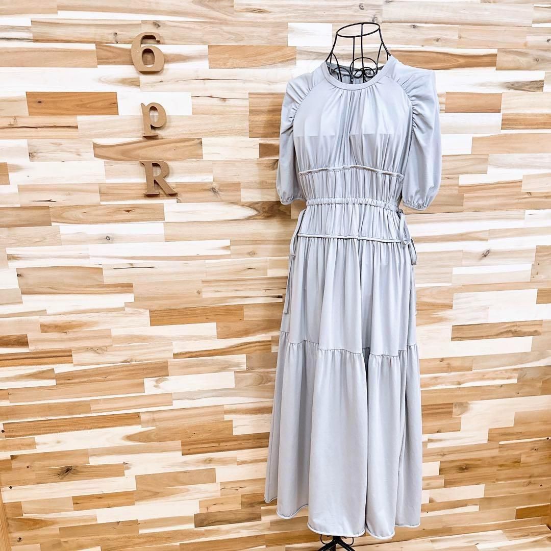 ファーファー ティアード パフスリーブ ロング ドレス ワンピース グレー