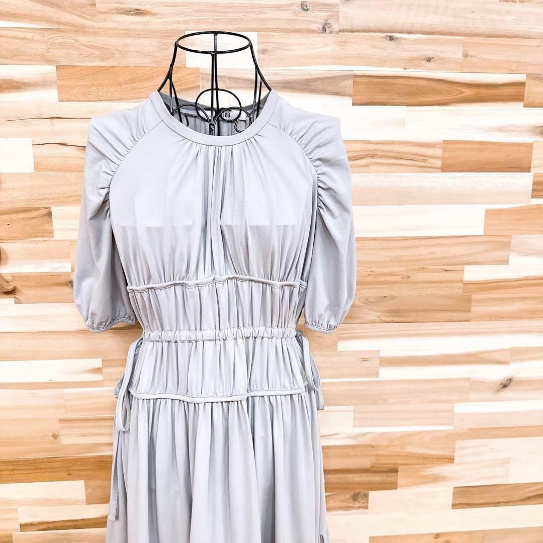 ファーファー ティアード パフスリーブ ロング ドレス ワンピース グレー