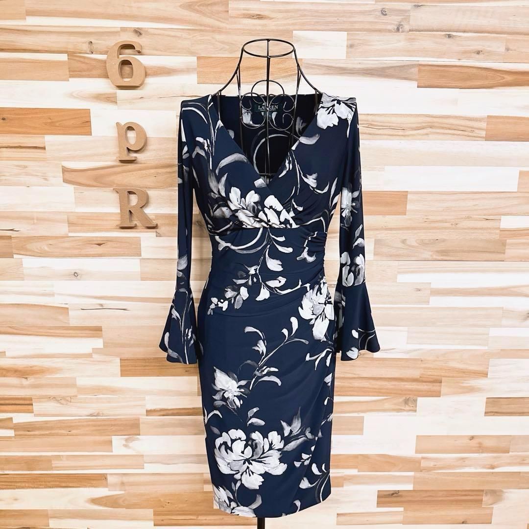 ローレンラルフローレン】フラワー カシュクール ドレス ワンピース 紺