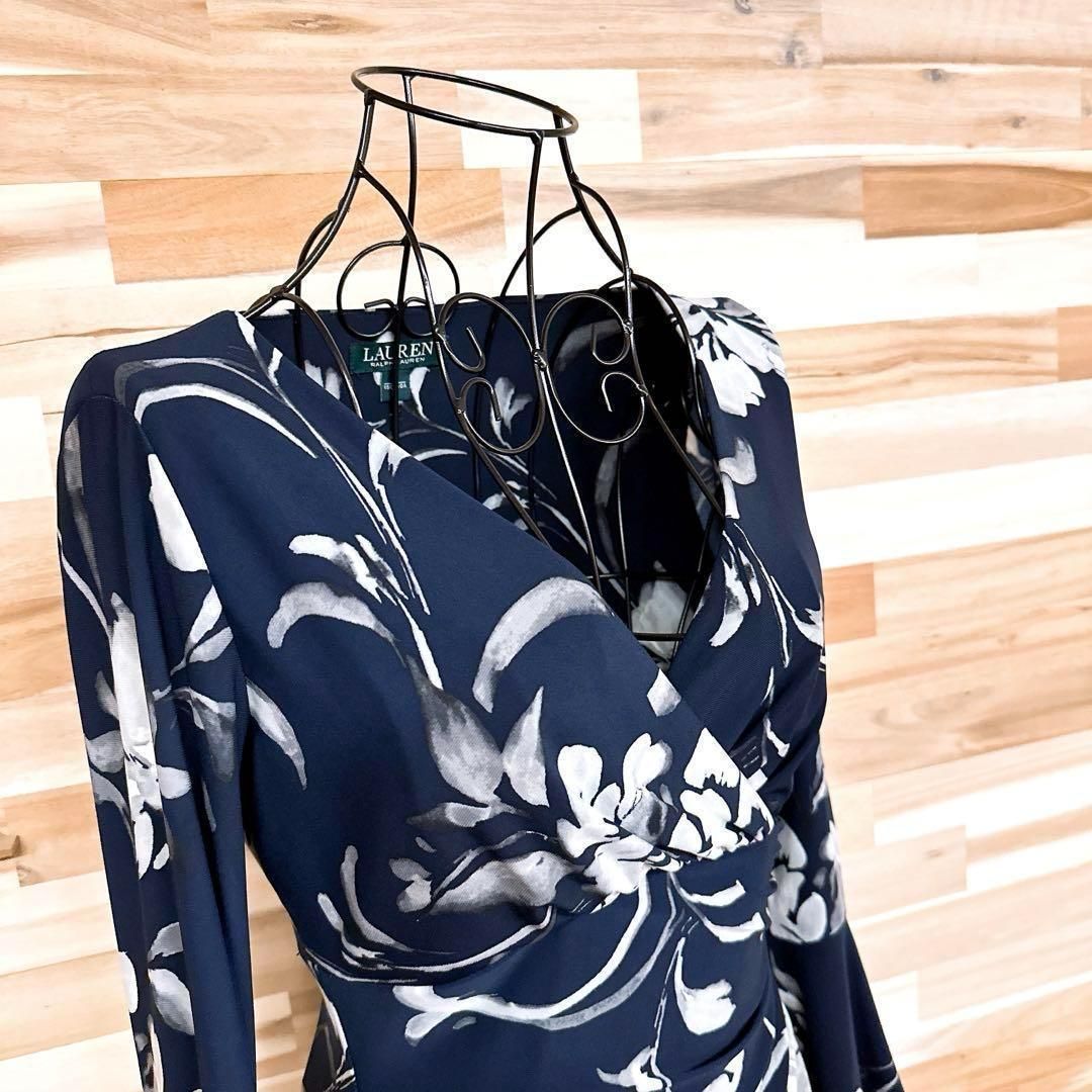 ローレンラルフローレン】フラワー カシュクール ドレス ワンピース 紺