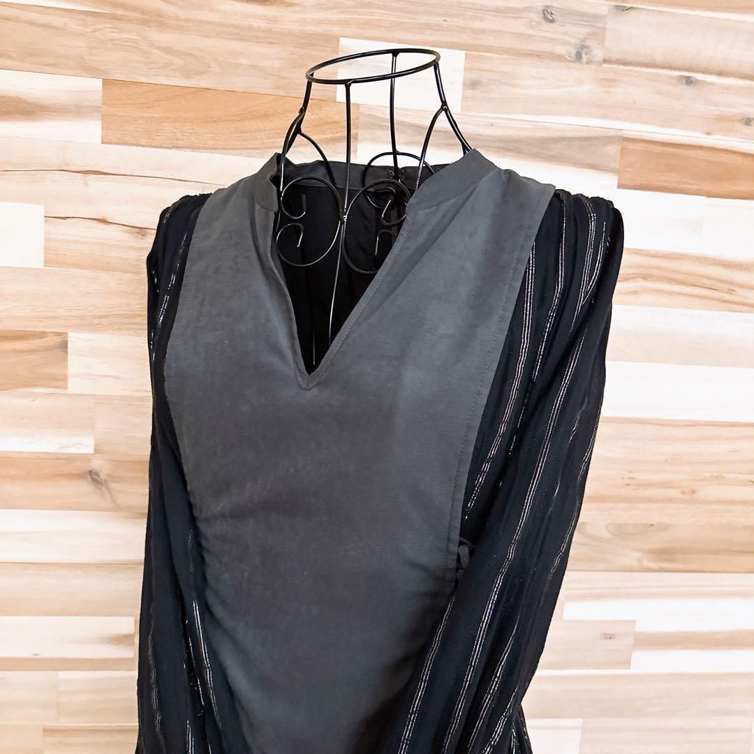 アメリ シアー 異素材ドッキング ロング ワンピース ラメ糸 S 黒×グレー