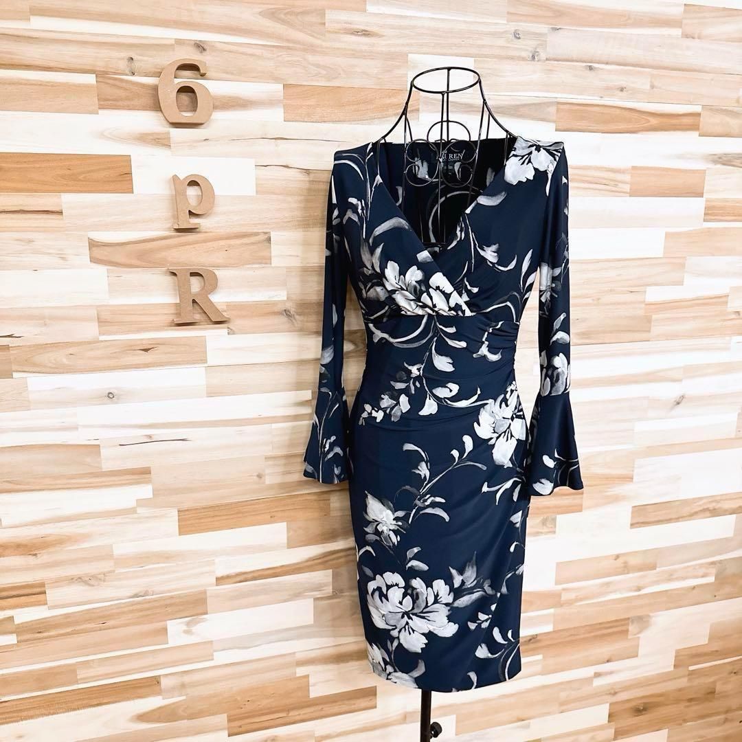 ローレンラルフローレン】フラワー カシュクール ドレス ワンピース 紺