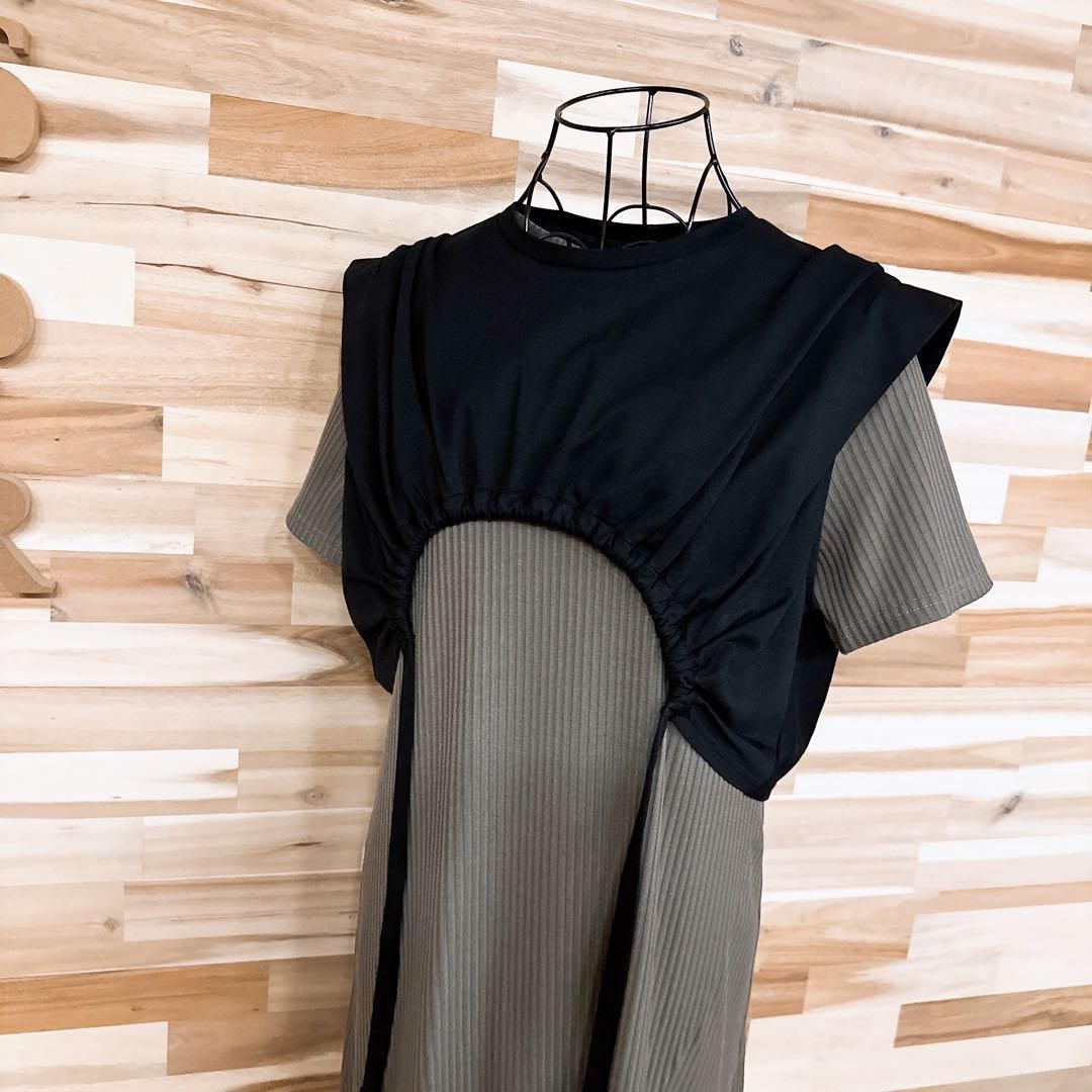 ユナイテッドトウキョウ ドロストカット ロング ワンピース2 way カーキ×黒