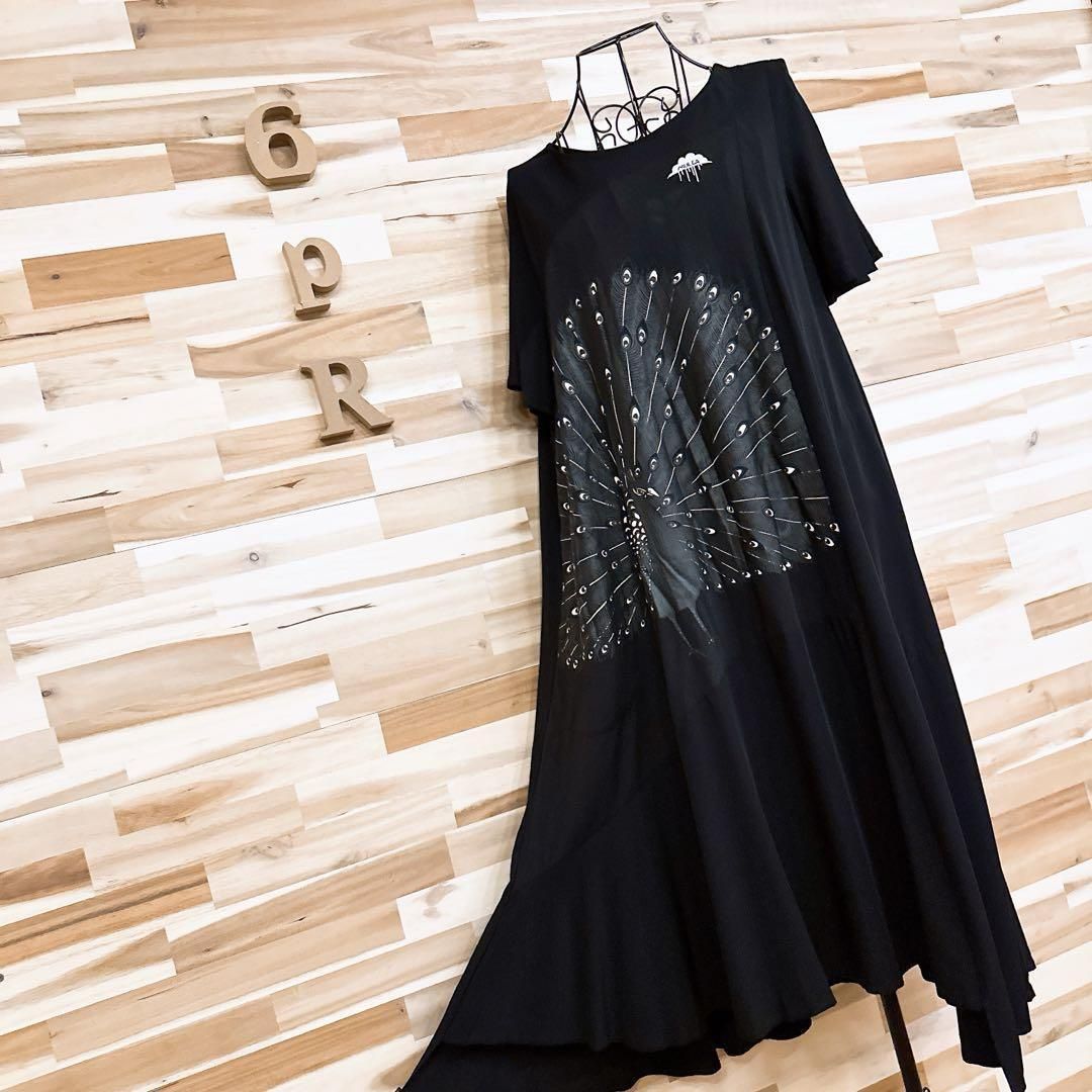 品 フラボア×モルガ コラボ 孔雀 ワンピース 黒×アイボリー