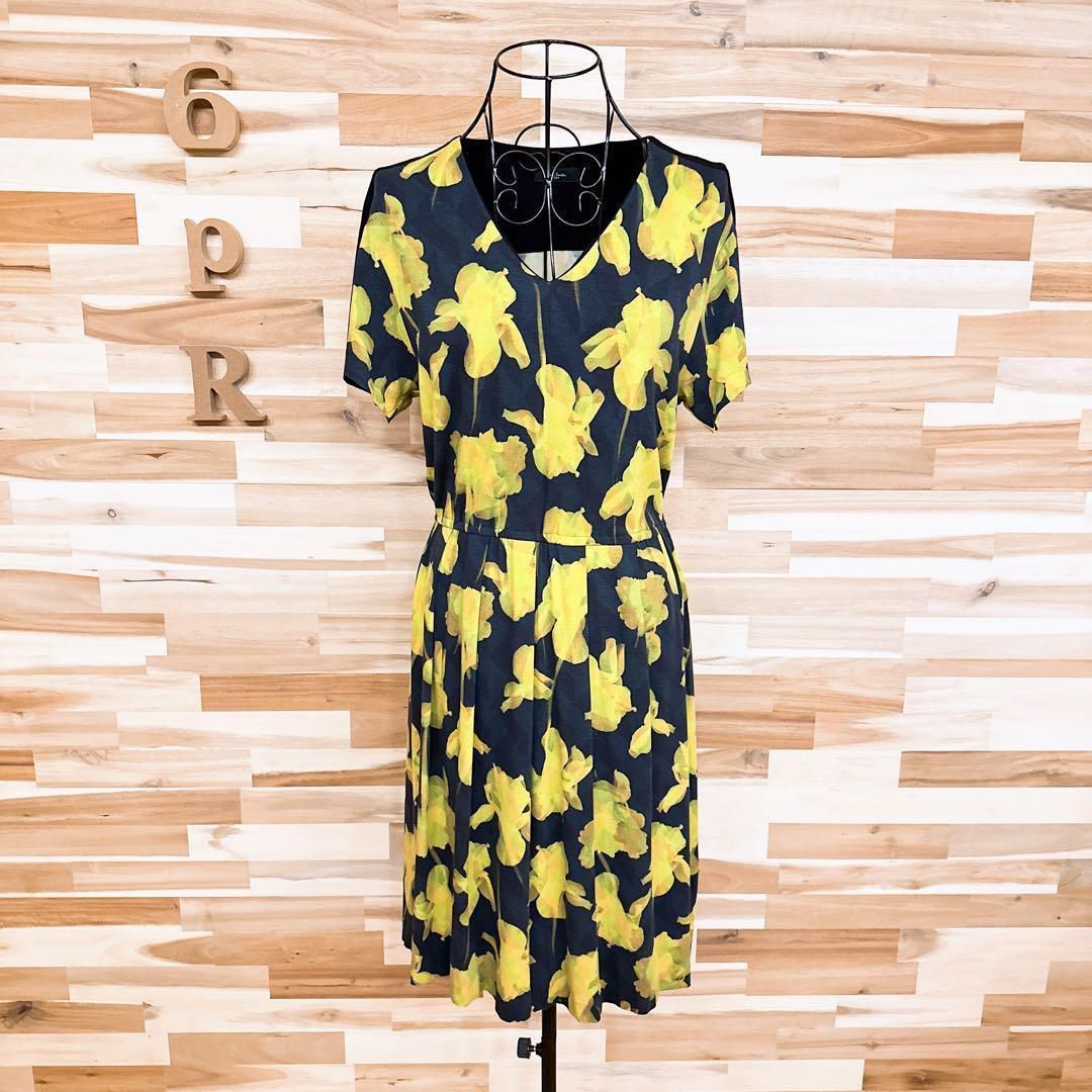  ポールスミス Vネック フラワー アート ワンピース 花柄 総柄 M 紺×黄 半袖 ひざ丈ワンピース