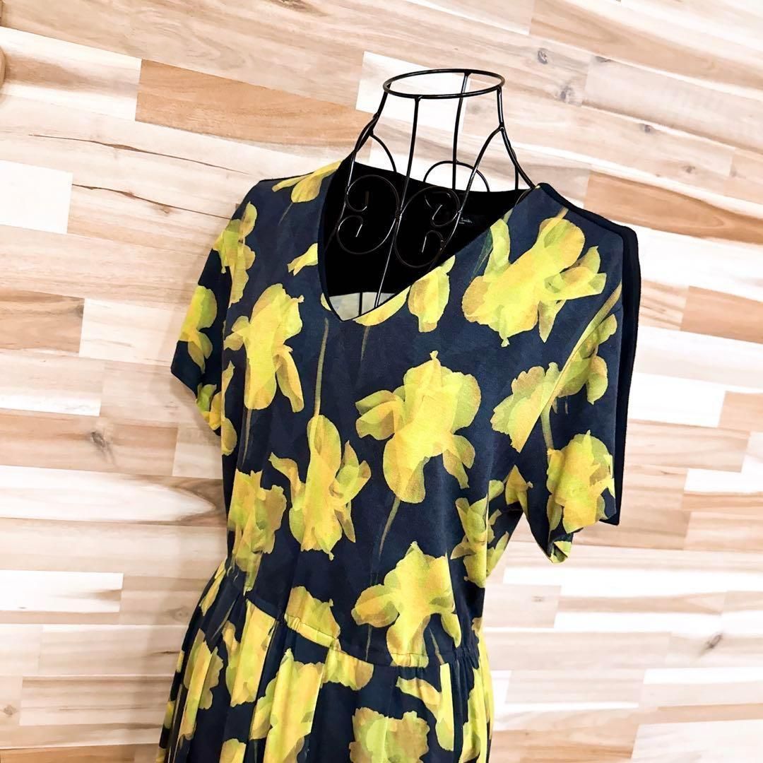 ポールスミス Vネック フラワー アート ワンピース 花柄 総柄 M 紺×黄