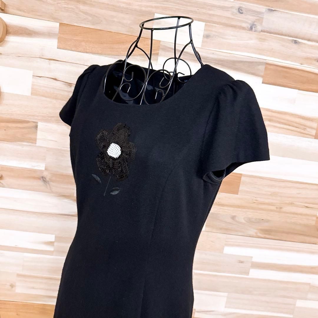 エムズグレイシー スパンコール 花フラワーモチーフ ワンピース ウール 黒×白