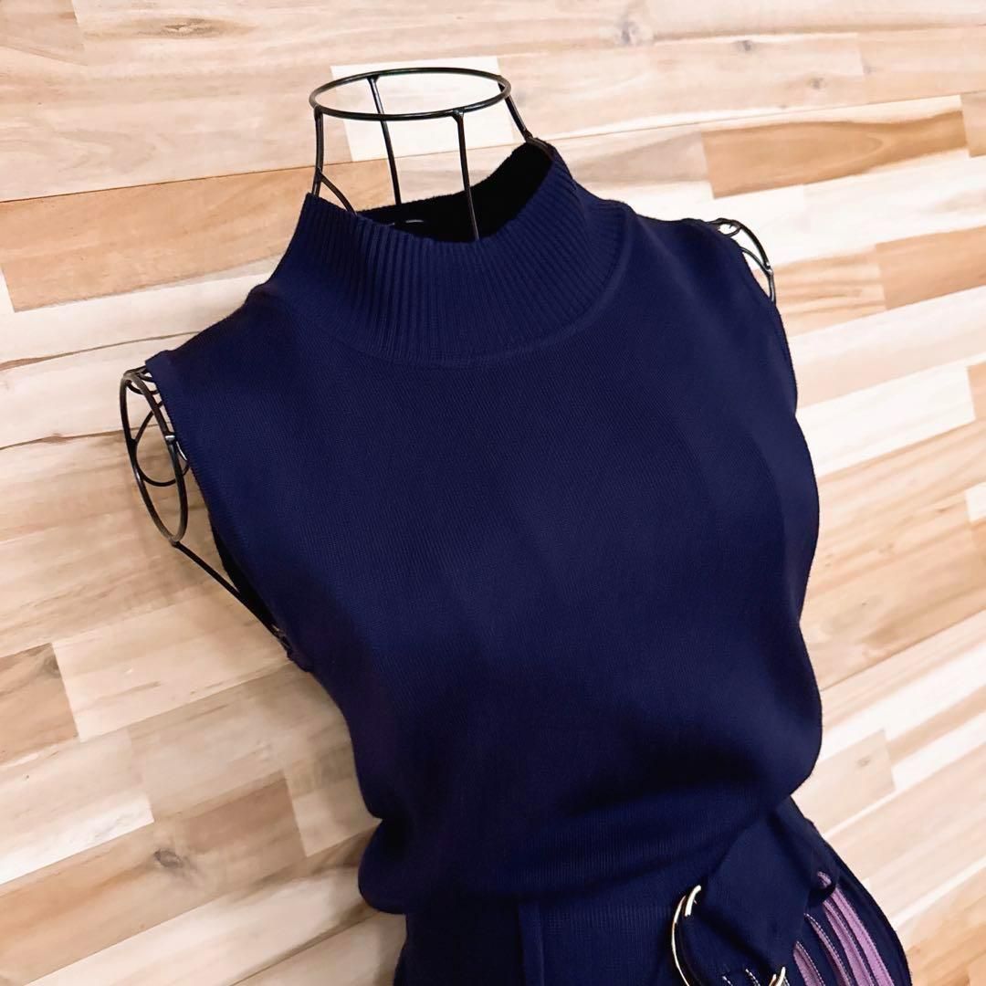  レディアゼル プリーツ ドッキング ノースリーブ ロング ニット ワンピース紺 ノースリーブ ニットワンピース