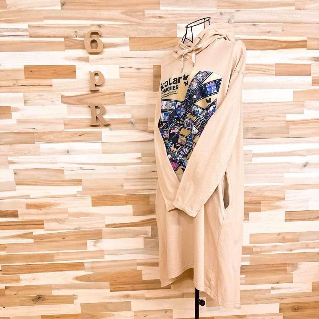 ス オーバーサイズ ロング パーカー ワンピース フード Mベージュ×黒