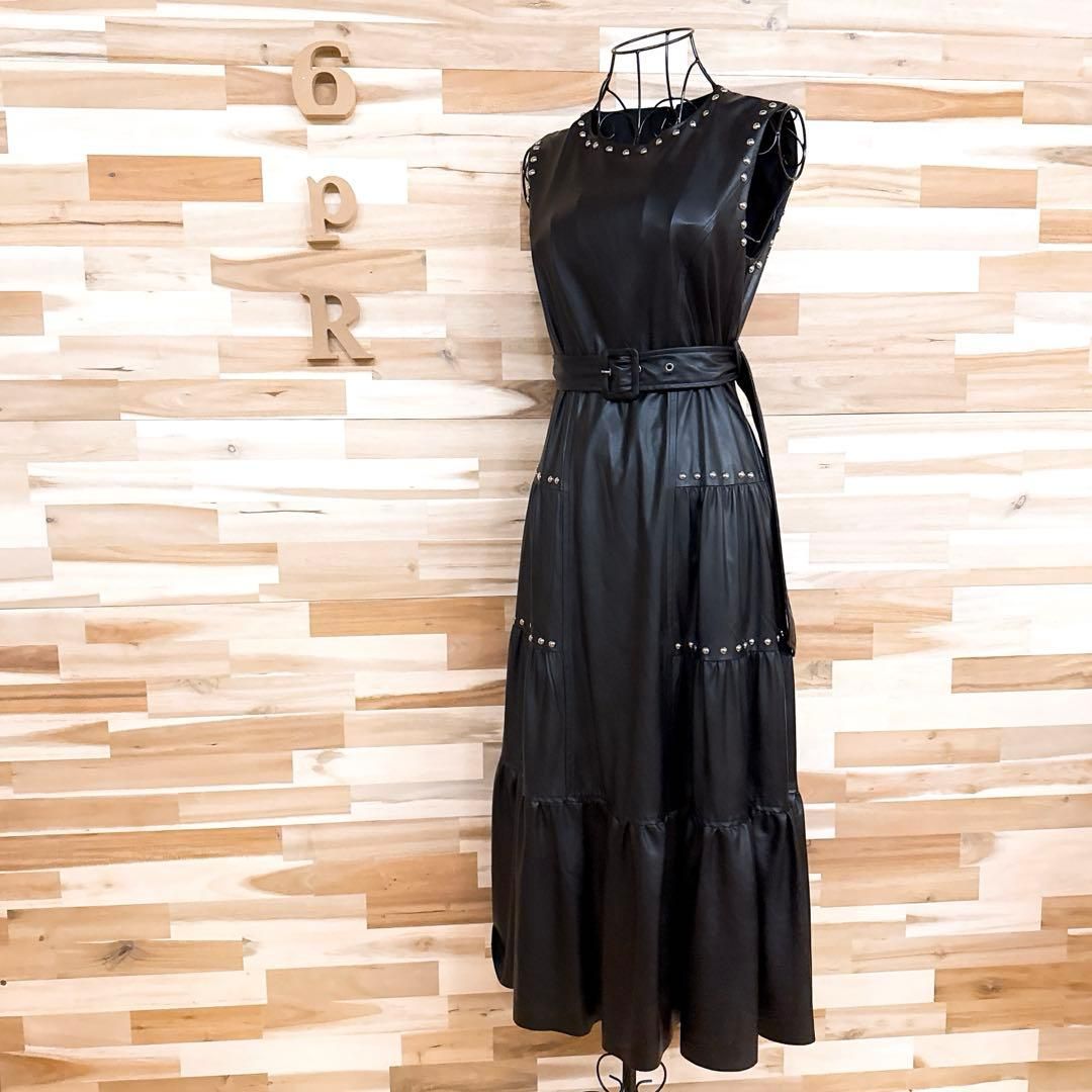 ピンコ フェイク レザー ノースリーブ ロング ドレス ワンピース スタッズ黒