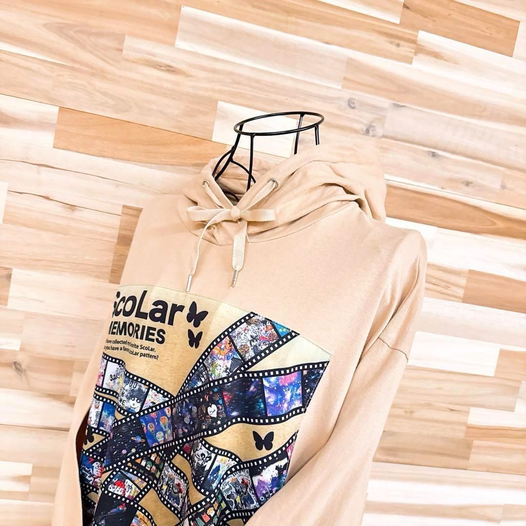 ス オーバーサイズ ロング パーカー ワンピース フード Mベージュ×黒