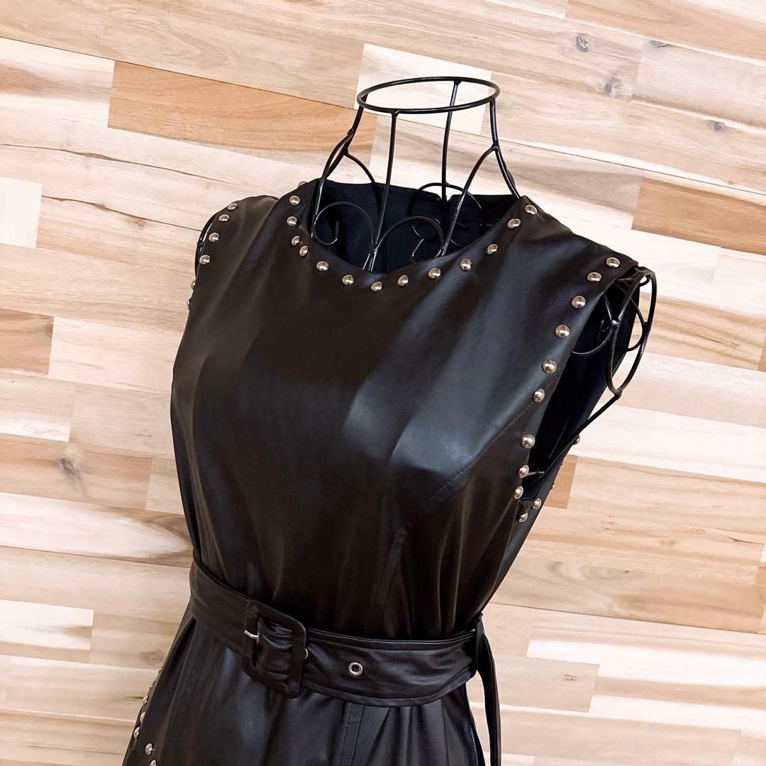 ピンコ フェイク レザー ノースリーブ ロング ドレス ワンピース スタッズ黒