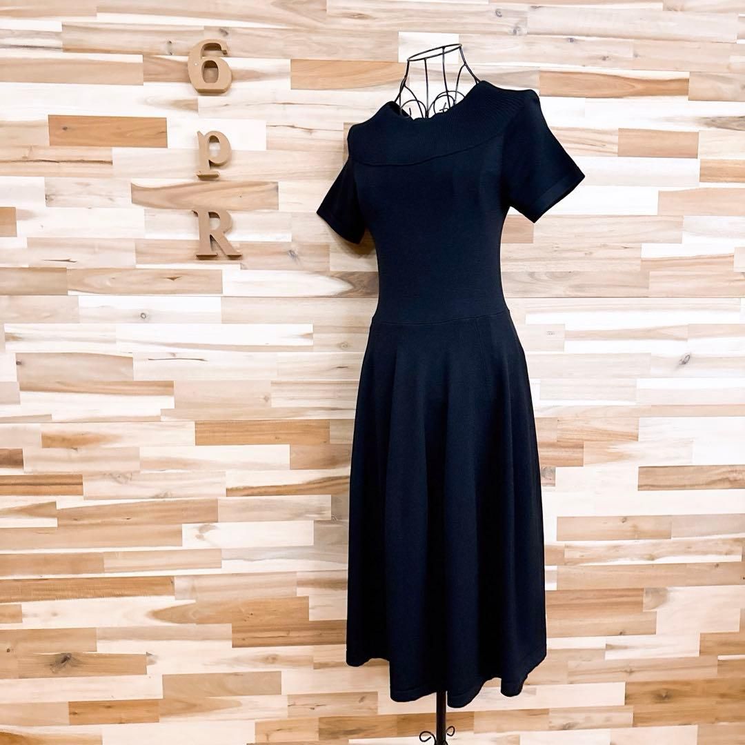 ソブ レーヨン ブレンド 半袖 ニット ワンピース フ スカート Aライン黒